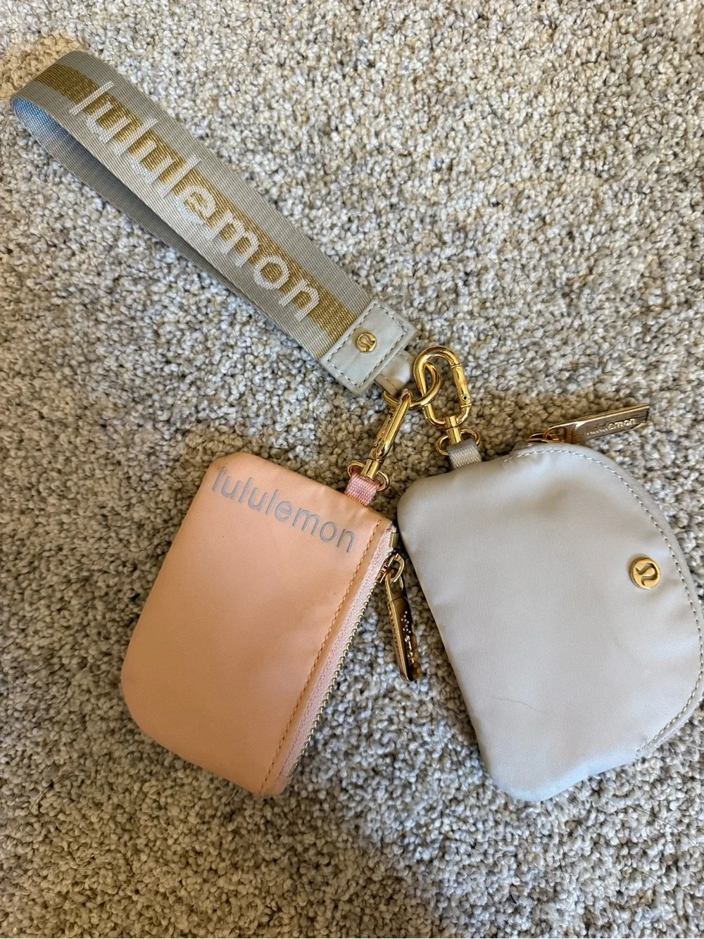 lululemon athletica Peach and Light Gray Key & Card Pouch Set with Branded Strap